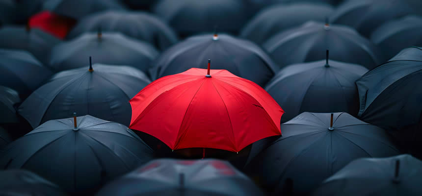 article photo showing scene with the same color umbrellas, with the exception of one red one. Showing that it stands out and is creative. by Dr. Sam Goldstein