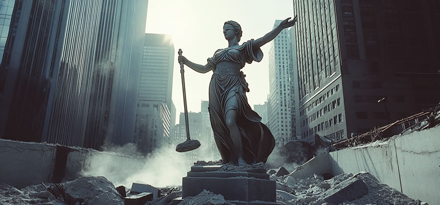 article photo of a crumbling lady justice as society erodes away by Dr. Sam Goldstein