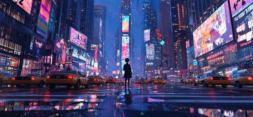 article photo depicting a person stands at a crosswalk bustling modern city intersection at night showing overwhelming distractions by Dr. Sam Goldstein