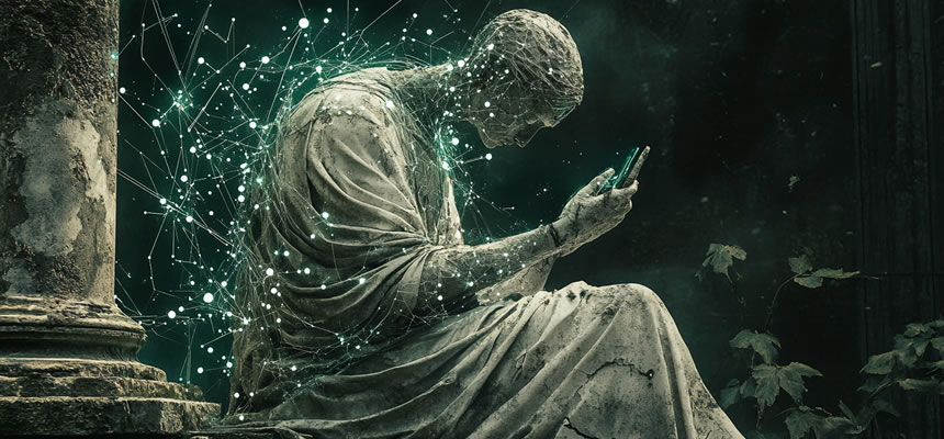 article photo of a crumbling stone statue of ethics being consumed by glowing digital vines and circuit patterns by Dr. Sam Goldstein