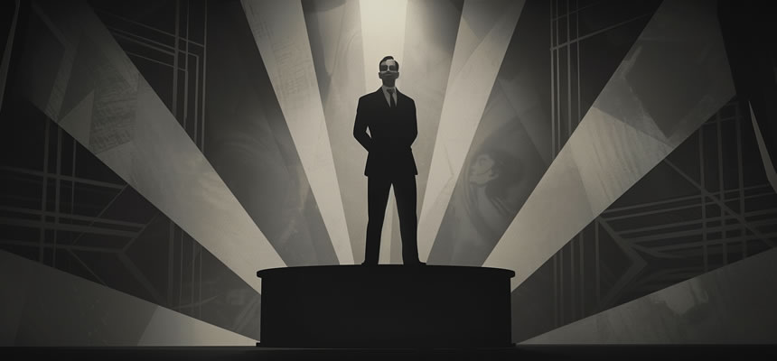article photo an image in a noir and slightly cell-shaded comic style, featuring an anonymous figure standing confidently on a stage representing the paradoxical nature of political life by Dr. Sam Goldstein