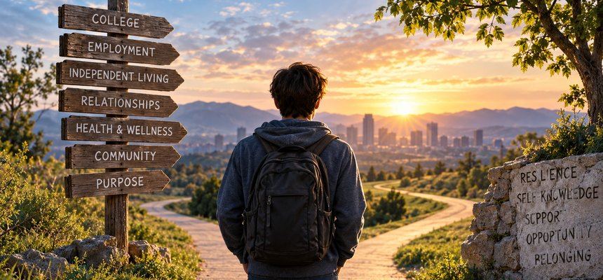 Building a Meaningful Adult Life - a young adult at a crossroads facing signposts for college, employment, independent living, relationships, and purpose